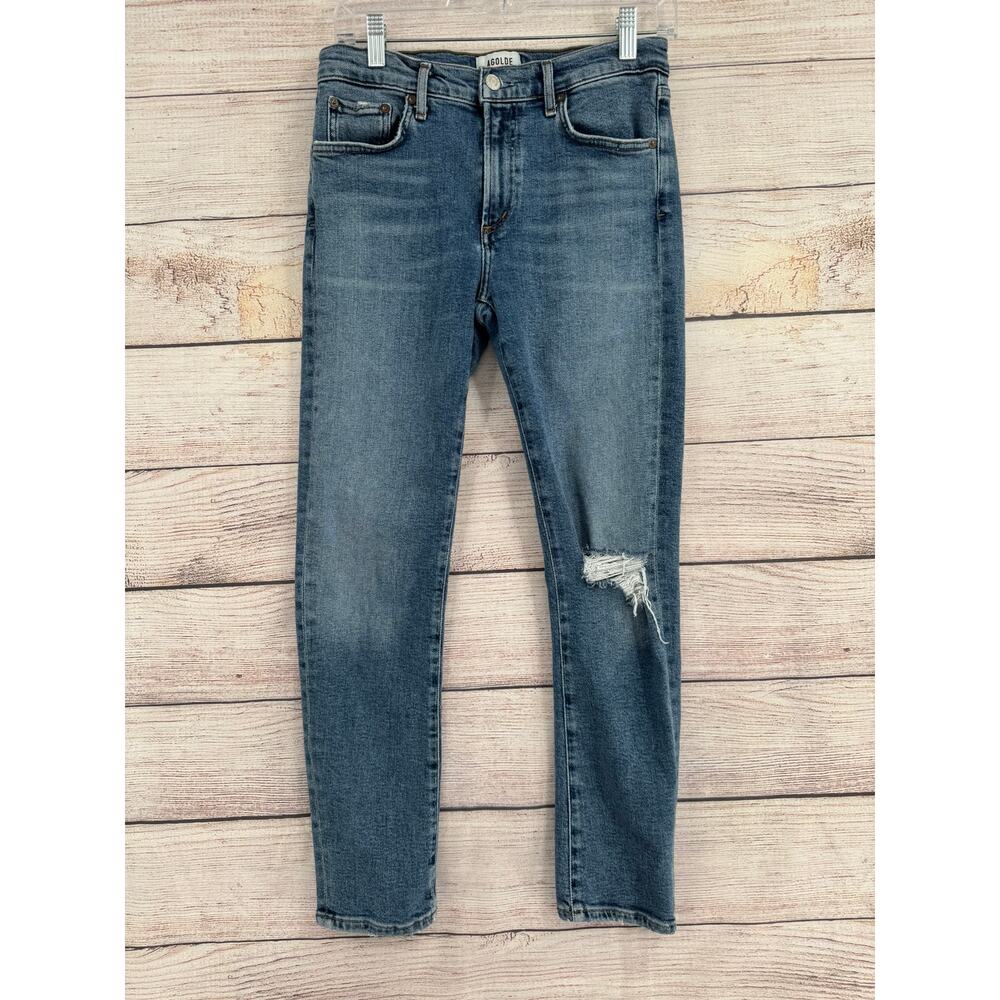Agolde Toni Mid Rise Straight Jeans Womens 27 Blue Medium Wash Denim Distressed